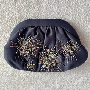1980s Blue Black Beaded Iridescent Gold Silver Clutch Evening Bag